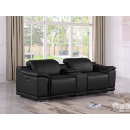 9762 DivanItalia Black 3-Piece Modular Power Reclining Console Loveseat with 2 Power Recliners in Top Grain Italian Leather