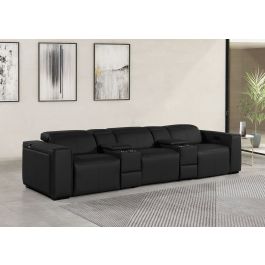1224 DivanItalia Black 5-Piece Modular Power Reclining Sofa in Top Grain Italian Leather with 3 Power Recliners & Power Headrests