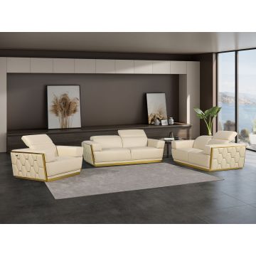 1111 DivanItalia Cream 3-Piece Sofa Set with Adjustable Headrest in Top-Grain Italian Leather