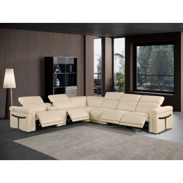 1126 DivanItalia Beige 7-Piece L-Shaped Sectional Sofa in Top Grain Italian Leather with 4 Power Recliners & Power Headrests