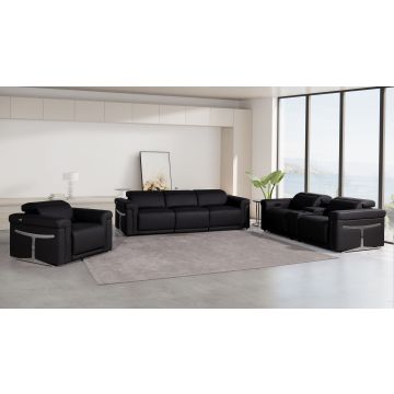 1126 DivanItalia Black 7-Piece Modular Power Reclining Sofa, Loveseat & Chair Set in Top Grain Italian Leather with 5 Power Recliners & Power Headrests