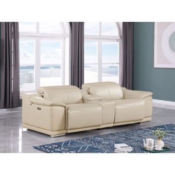 9762 DivanItalia Beige 3-Piece Modular Power Reclining Console Loveseat with 2 Power Recliners in Top Grain Italian Leather