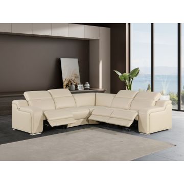 1116 DivanItalia Beige 5-Piece L-Shaped Sectional Sofa in Top Grain Italian Leather with 3 Power Recliners & Power Headrests
