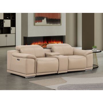 2679 Beige Genuine Leather Console Loveseat with Dual Power Recliners