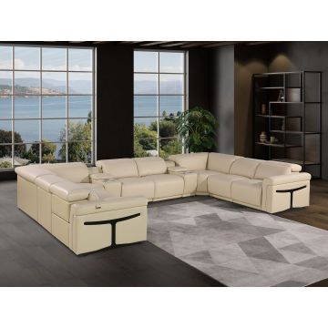 1126 DivanItalia Beige 10-Piece U-Shaped Sectional Sofa in Top Grain Italian Leather with 4 Power Recliners & Power Headrests
