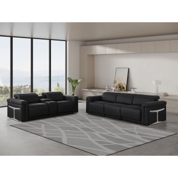 1126 DivanItalia Black 6-Piece Modular Power Reclining Sofa and Console Loveseat Set in Top Grain Italian Leather with 5 Power Recliners & Power Headrests