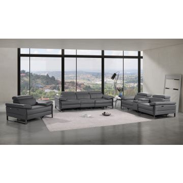1246 DivanItalia Dark Grey Modular Power Triple Reclining Sofa, Console Loveseat, and Chair Set with Power Headrests – Top Grain Italian Leather