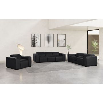 1224 DivanItalia Black 7-Piece Modular Power Reclining Sofa, Loveseat & Chair Set in Top Grain Italian Leather with 5 Power Recliners & Power Headrests