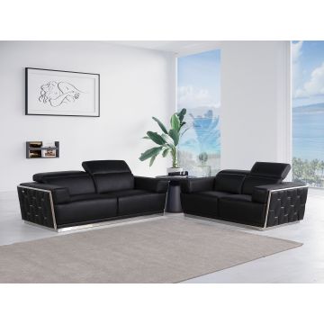 1111 DivanItalia Black 2-Piece Sofa Set with Adjustable Headrest in Top-Grain Italian Leather