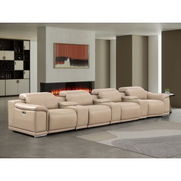 2679 Beige Genuine Leather Sofa with 4 Power Recliners, Power Headrests & 3 Storage Consoles