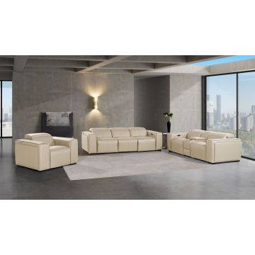1224 DivanItalia Beige 7-Piece Modular Power Reclining Sofa, Loveseat & Chair Set in Top Grain Italian Leather with 5 Power Recliners & Power Headrests