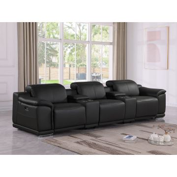 9762 DivanItalia Black 5-Piece Modular Power Reclining Sofa and Loveseat Set with 3 Power Recliners in Top Grain Italian Leather
