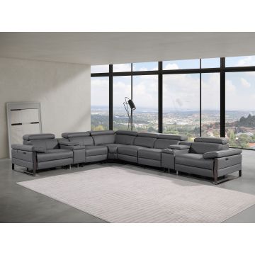 1246 DivanItalia Dark Grey 8-Piece L-Shaped Modular Power Reclining Sectional with 4 Power Recliners and Power Headrests – Top Grain Italian Leather