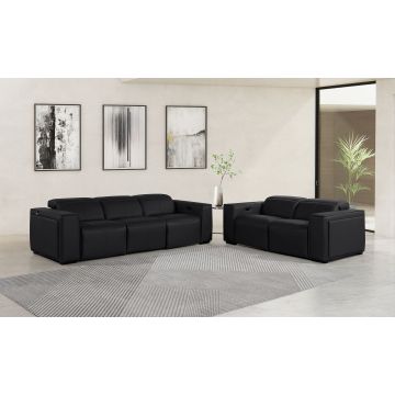 1224 DivanItalia Black 5-Piece Modular Power Reclining Sofa and Loveseat Set in Top Grain Italian Leather with 4 Power Recliners & Power Headrests