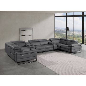 1246 DivanItalia Dark Grey 8-Piece U-Shaped Modular Power Reclining Sectional with 2 Power Recliners and Power Headrests – Top Grain Italian Leather