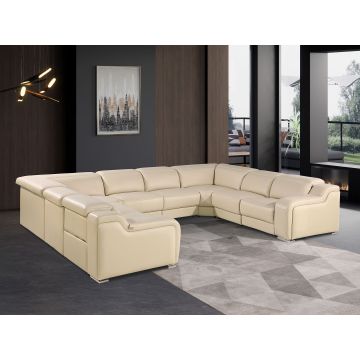 1116 DivanItalia Beige 8-Piece U-Shaped Sectional Sofa in Top Grain Italian Leather with 4 Power Recliners & Power Headrests