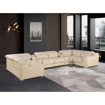 1116 DivanItalia Beige 8-Piece U-Shaped Sectional Sofa in Top Grain Italian Leather with 2 Power Recliners & Power Headrests