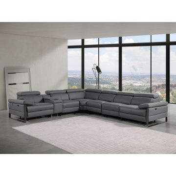 1246 DivanItalia Dark Grey 7-Piece L-Shaped Modular Power Reclining Sectional with 4 Power Recliners and Power Headrests – Top Grain Italian Leather