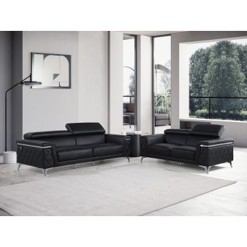 1140 DivanItalia Black 2-Piece Sofa Set with Adjustable Headrest in Top-Grain Italian Leather