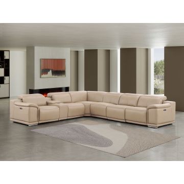 2679 Beige 7-Piece L-Shaped Power Reclining Sectional in Genuine Leather – 3 Recliners