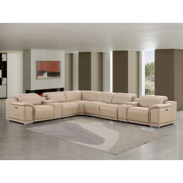 2679 Beige 8-Piece L-Shaped Power Reclining Sectional in Genuine Leather – 3 Recliners