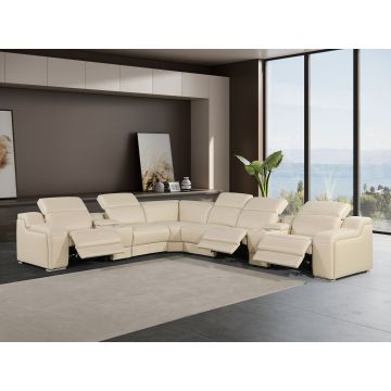 1116 DivanItalia Beige 8-Piece L-Shaped Sectional Sofa in Top Grain Italian Leather with 3 Power Recliners & Power Headrests