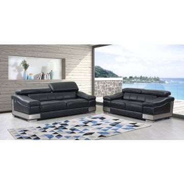 415 DivanItalia Black 2-Piece Sofa Set with Adjustable Headrest in Top-Grain Italian Leather