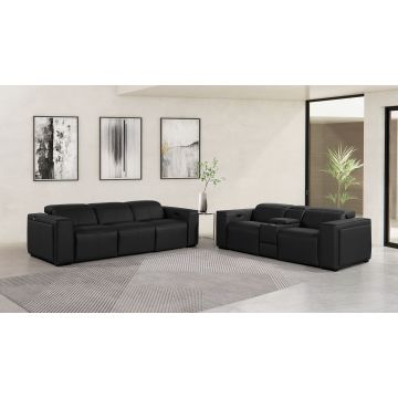 1224 DivanItalia Black 6-Piece Modular Power Reclining Sofa and Console Loveseat Set in Top Grain Italian Leather with 5 Power Recliners & Power Headrests