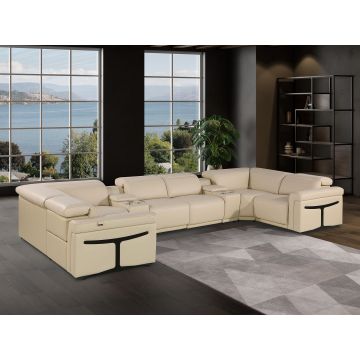 1126 DivanItalia Beige 8-Piece U-Shaped Sectional Sofa in Top Grain Italian Leather with 2 Power Recliners & Power Headrests