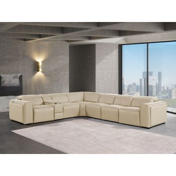 1224 DivanItalia Beige 7-Piece L-Shaped Sectional Sofa in Top Grain Italian Leather with 3 Power Recliners & Power Headrests
