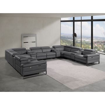 1246 DivanItalia Dark Grey 12-Piece U-Shaped Modular Power Reclining Sectional with 4 Power Recliners and Power Headrests – Top Grain Italian Leather