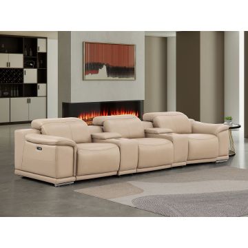 2679 Beige Genuine Leather Sofa with 3 Power Recliners & Dual Storage Consoles