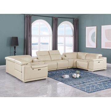 9762 DivanItalia Beige 8-Piece U Shaped Top Grain Italian Leather Sectional Sofa with 4 Power Recliners