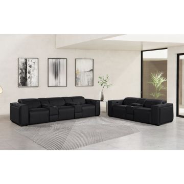 1224 DivanItalia Black 8-Piece Modular Power Reclining Sofa & Loveseat Set in Top Grain Italian Leather with 5 Power Recliners & Power Headrests