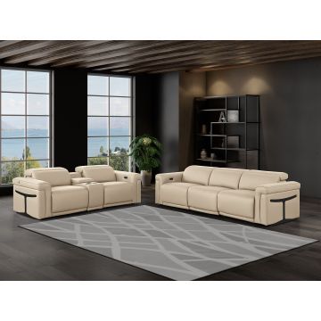 1126 DivanItalia Beige 6-Piece Modular Power Reclining Sofa and Console Loveseat Set in Top Grain Italian Leather with 5 Power Recliners & Power Headrests