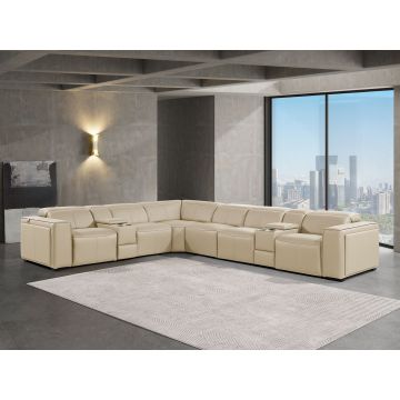 1224 DivanItalia Beige 8-Piece L-Shaped Sectional Sofa in Top Grain Italian Leather with 4 Power Recliners & Power Headrests