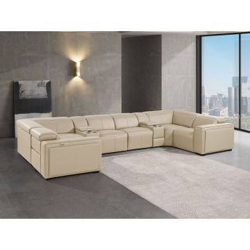 1224 DivanItalia Beige 8-Piece U-Shaped Sectional Sofa in Top Grain Italian Leather with 4 Power Recliners & Power Headrests