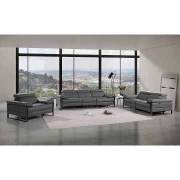 1246 DivanItalia Dark Grey Modular Power Triple Reclining Sofa, Loveseat, and Chair Set with Power Headrests – Top Grain Italian Leather