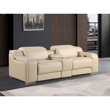 1116 DivanItalia Beige 3-Piece Modular Power Reclining Console Loveseat in Top Grain Italian Leather with 2 Power Recliners & Power Headrests