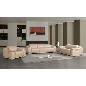 2679 Beige Power Reclining Sofa, Loveseat & Chair Set in Genuine Leather – 6 Recliners